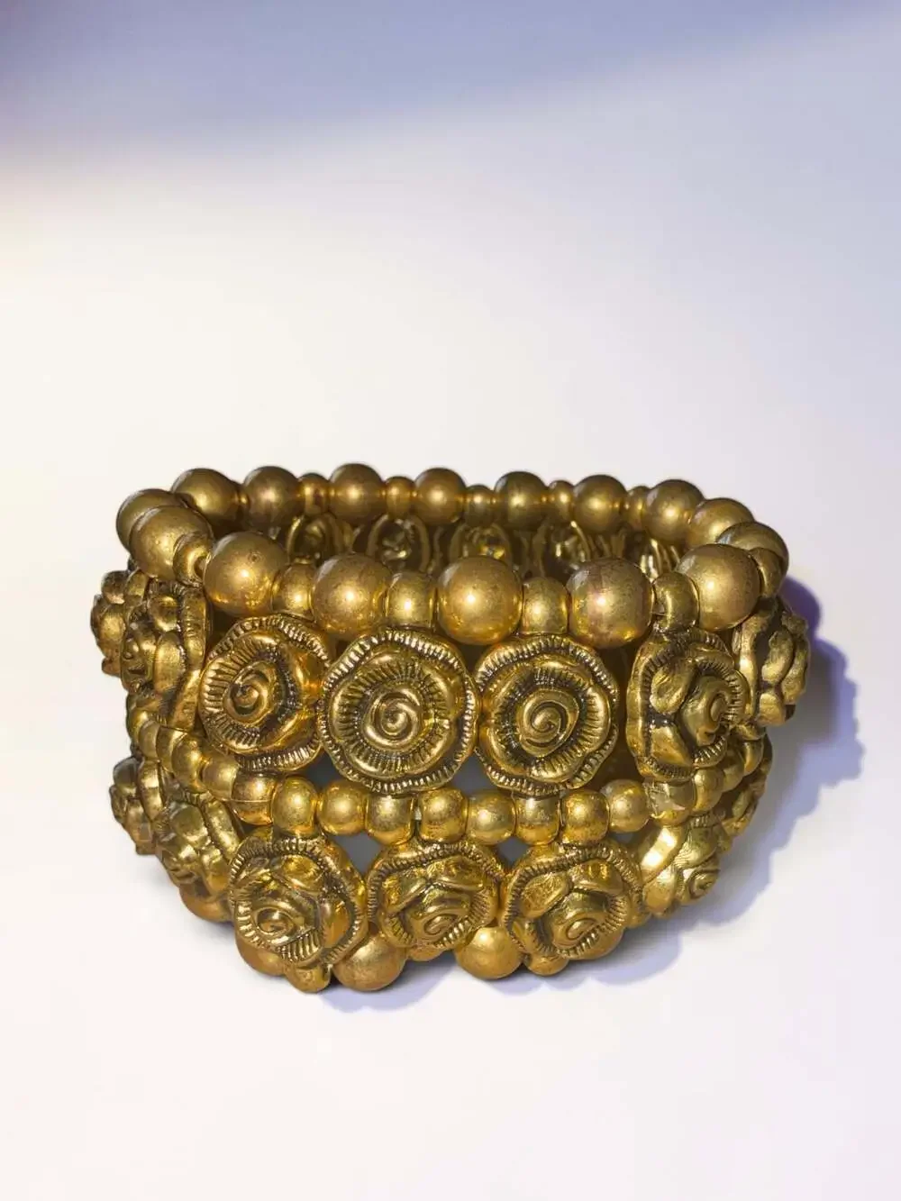Vintage Chic 3D Metal Rose And Ball Bead Antique Gold Tone Chunk Statement Stret